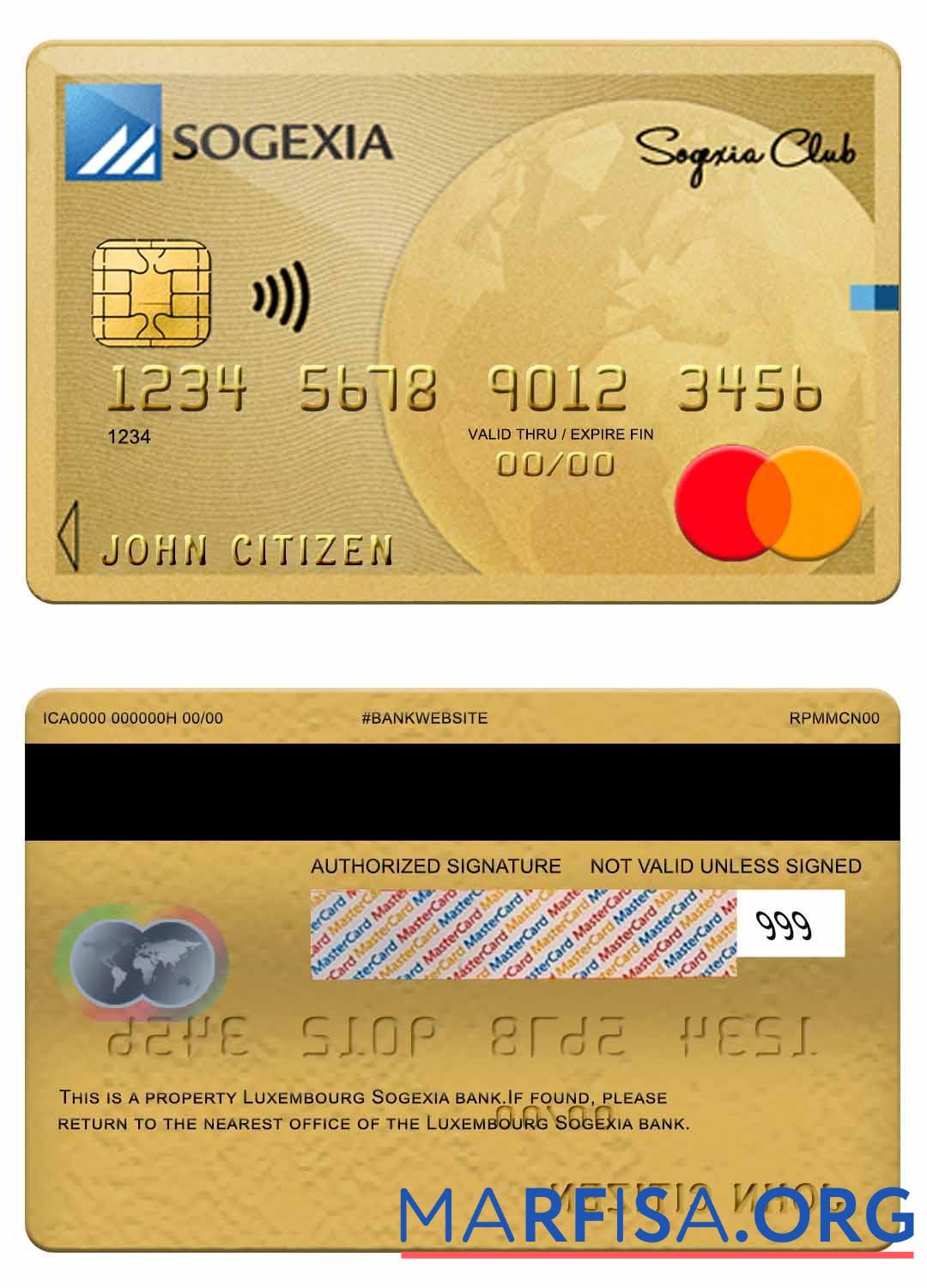 Realistic Luxembourg Sogexia bank mastercard template